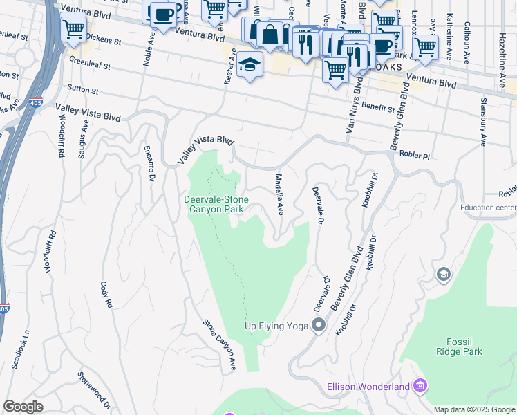 map of restaurants, bars, coffee shops, grocery stores, and more near 14878 Round Valley Drive in Los Angeles