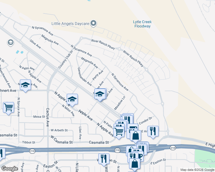 map of restaurants, bars, coffee shops, grocery stores, and more near 6017 Koa Drive in Rialto