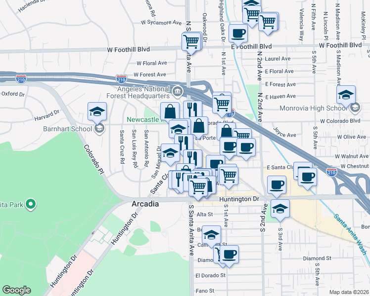 map of restaurants, bars, coffee shops, grocery stores, and more near 2 North Santa Anita Avenue in Arcadia