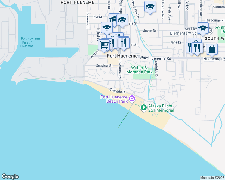 map of restaurants, bars, coffee shops, grocery stores, and more near 250 East Surfside Drive in Port Hueneme