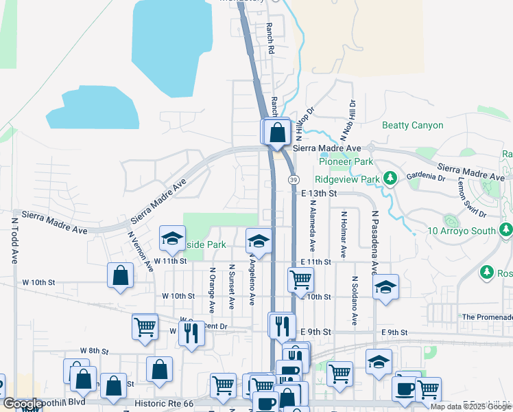 map of restaurants, bars, coffee shops, grocery stores, and more near 303 Cherry Hills Lane in Azusa