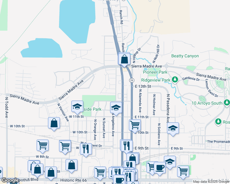 map of restaurants, bars, coffee shops, grocery stores, and more near 303 Cherry Hills Lane in Azusa