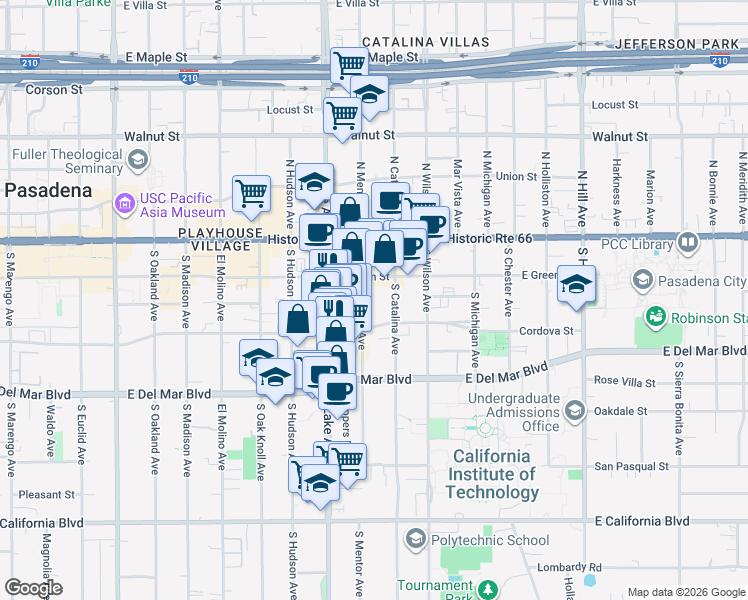 map of restaurants, bars, coffee shops, grocery stores, and more near 120 South Mentor Avenue in Pasadena