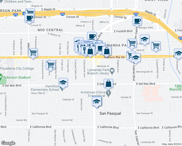 map of restaurants, bars, coffee shops, grocery stores, and more near 125 South Sierra Madre Boulevard in Pasadena