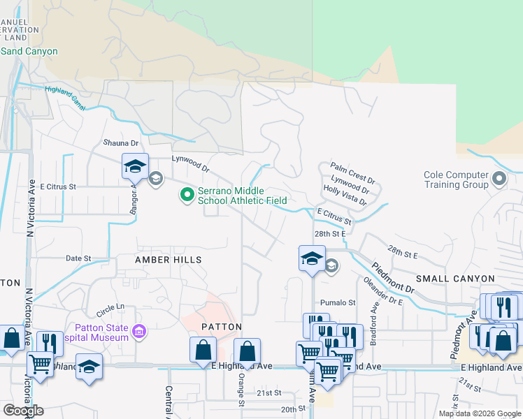 map of restaurants, bars, coffee shops, grocery stores, and more near 2905 Overland Court in Highland