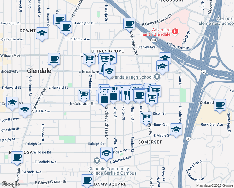 map of restaurants, bars, coffee shops, grocery stores, and more near 1233 Orange Grove Avenue in Glendale