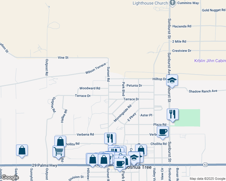 map of restaurants, bars, coffee shops, grocery stores, and more near 61760 Petunia Drive in Joshua Tree