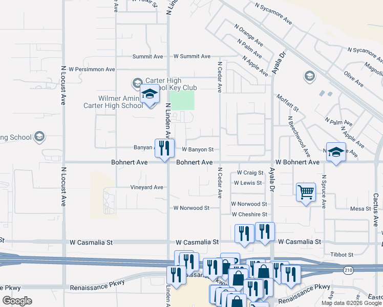 map of restaurants, bars, coffee shops, grocery stores, and more near 1407 Wildflower Street in Rialto