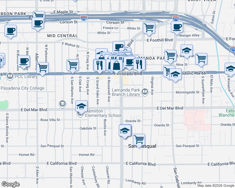 map of restaurants, bars, coffee shops, grocery stores, and more near 90 South Roosevelt Avenue in Pasadena