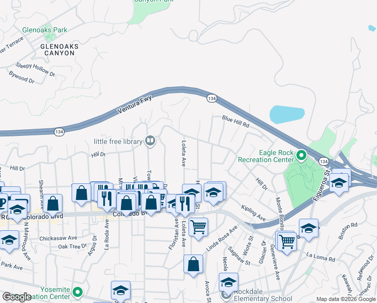 map of restaurants, bars, coffee shops, grocery stores, and more near 5343 Loleta Avenue in Los Angeles