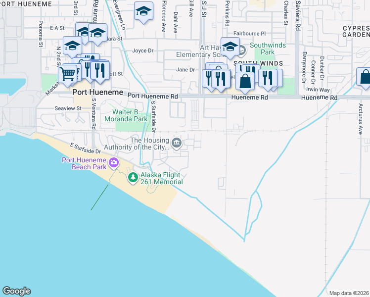 map of restaurants, bars, coffee shops, grocery stores, and more near 771 Ocean Breeze Drive in Port Hueneme
