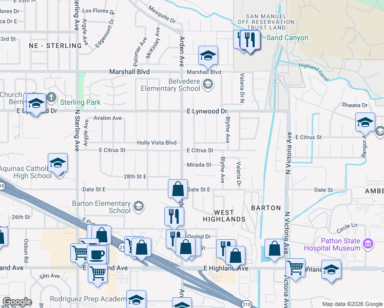 map of restaurants, bars, coffee shops, grocery stores, and more near 6060 Mirada Court in Highland