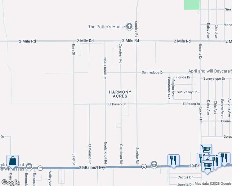map of restaurants, bars, coffee shops, grocery stores, and more near 6006 Carodean Road in Twentynine Palms