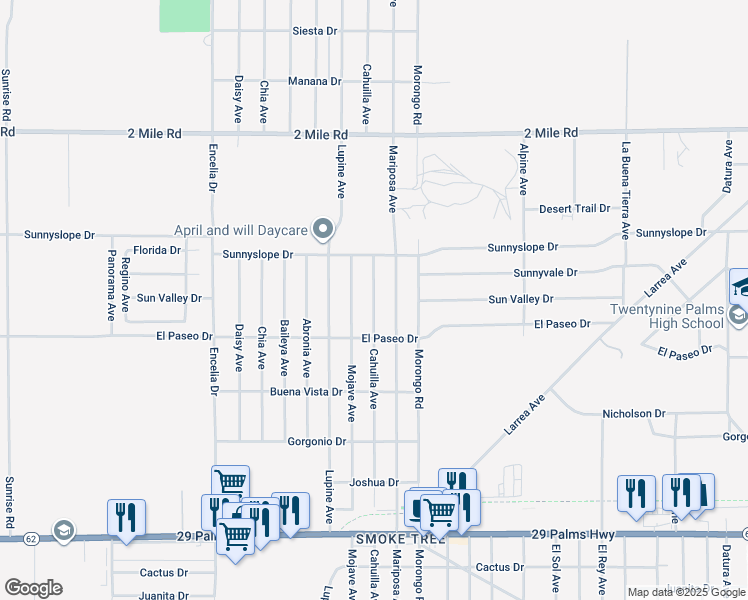 map of restaurants, bars, coffee shops, grocery stores, and more near Cahuilla Avenue in Twentynine Palms