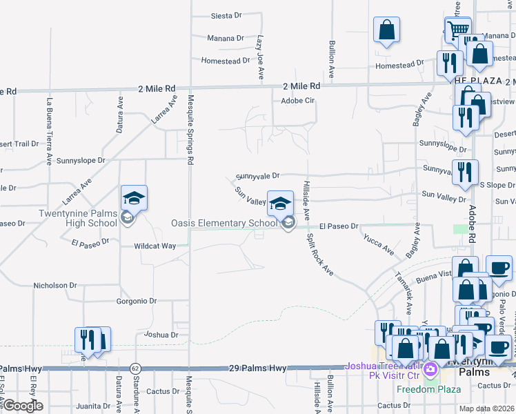 map of restaurants, bars, coffee shops, grocery stores, and more near 73093 Sun Valley Drive in Twentynine Palms