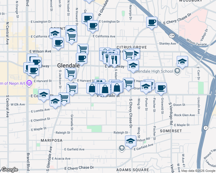map of restaurants, bars, coffee shops, grocery stores, and more near 908 East Harvard Street in Glendale