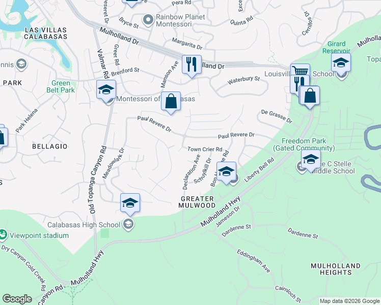 map of restaurants, bars, coffee shops, grocery stores, and more near 22718 Town Crier Road in Calabasas