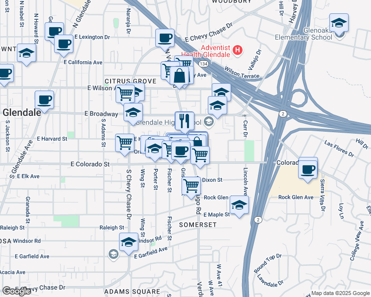 map of restaurants, bars, coffee shops, grocery stores, and more near 1365 Orange Grove Avenue in Glendale