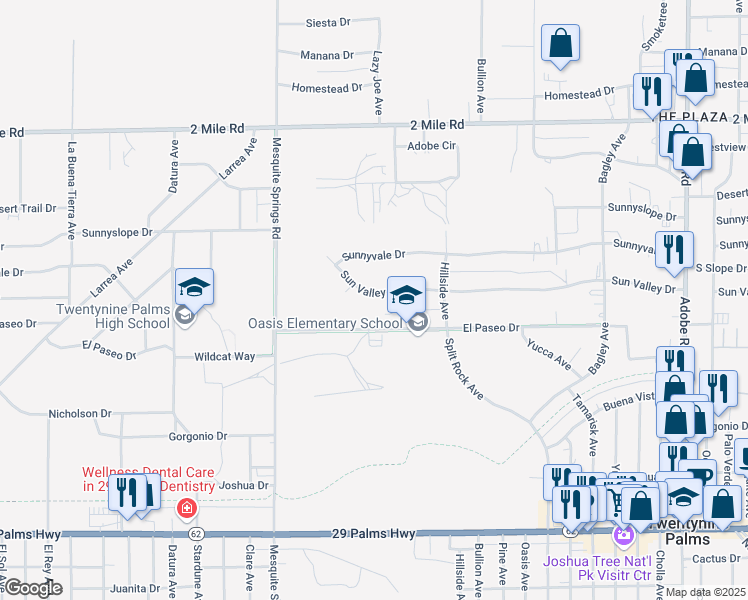 map of restaurants, bars, coffee shops, grocery stores, and more near 73093 Sun Valley Drive in Twentynine Palms