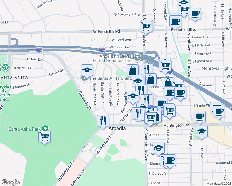 map of restaurants, bars, coffee shops, grocery stores, and more near 400 San Antonio Road in Arcadia