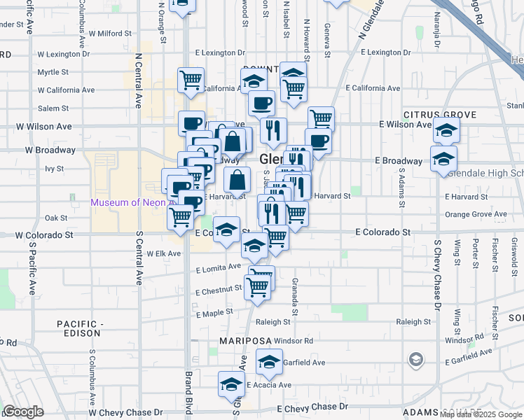 map of restaurants, bars, coffee shops, grocery stores, and more near 409 East Harvard Street in Glendale