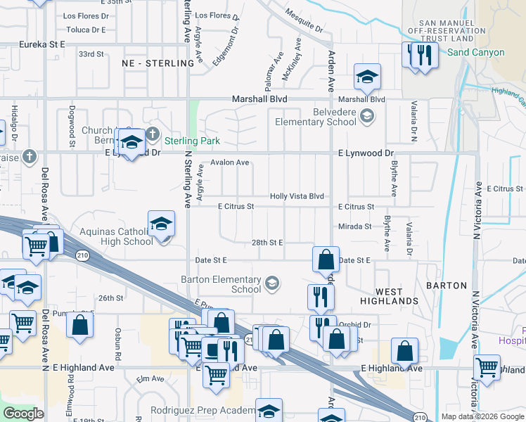 map of restaurants, bars, coffee shops, grocery stores, and more near 6070 Newcomb Street in San Bernardino
