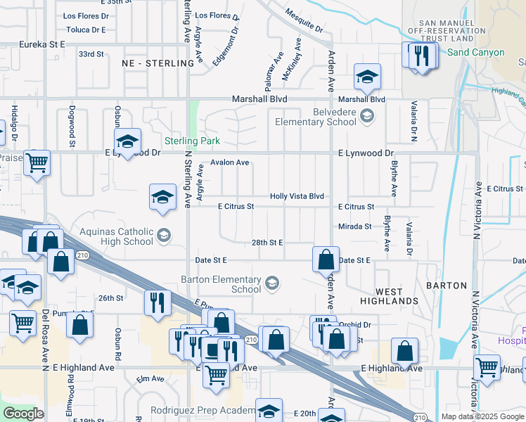 map of restaurants, bars, coffee shops, grocery stores, and more near 6070 Newcomb Street in San Bernardino