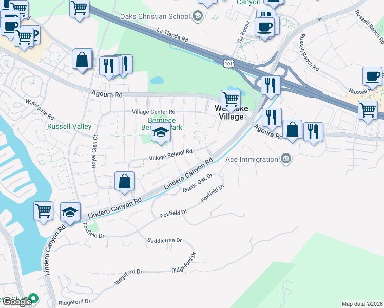 map of restaurants, bars, coffee shops, grocery stores, and more near 4373 Deerpark Court in Westlake Village