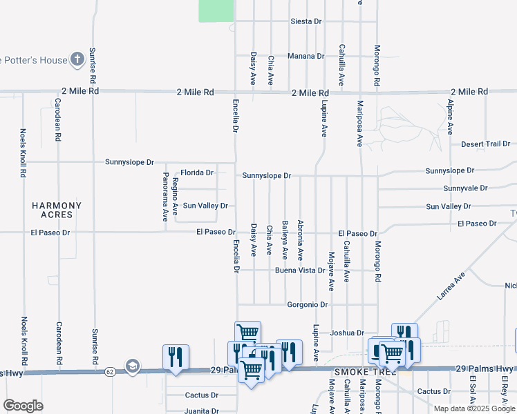 map of restaurants, bars, coffee shops, grocery stores, and more near 5989 Daisy Avenue in Twentynine Palms