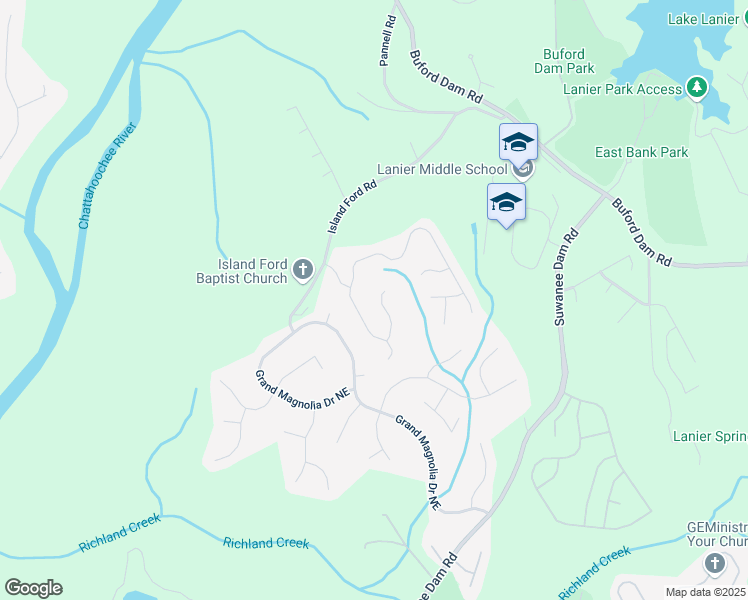 map of restaurants, bars, coffee shops, grocery stores, and more near 970 Island Bluff Lane in Buford