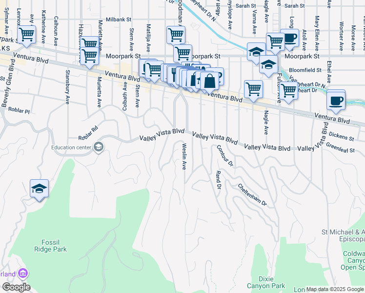 map of restaurants, bars, coffee shops, grocery stores, and more near 4057 Weslin Avenue in Los Angeles