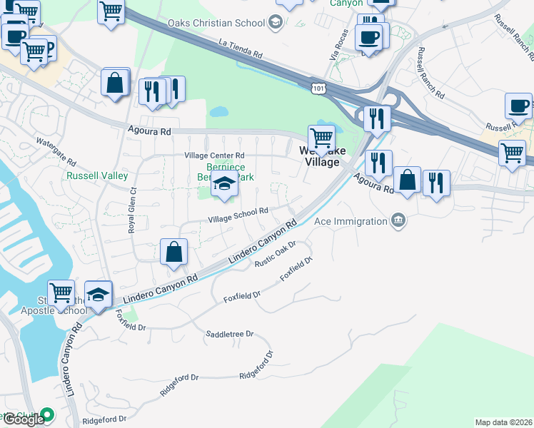map of restaurants, bars, coffee shops, grocery stores, and more near 4231 Orchardview Court in Westlake Village