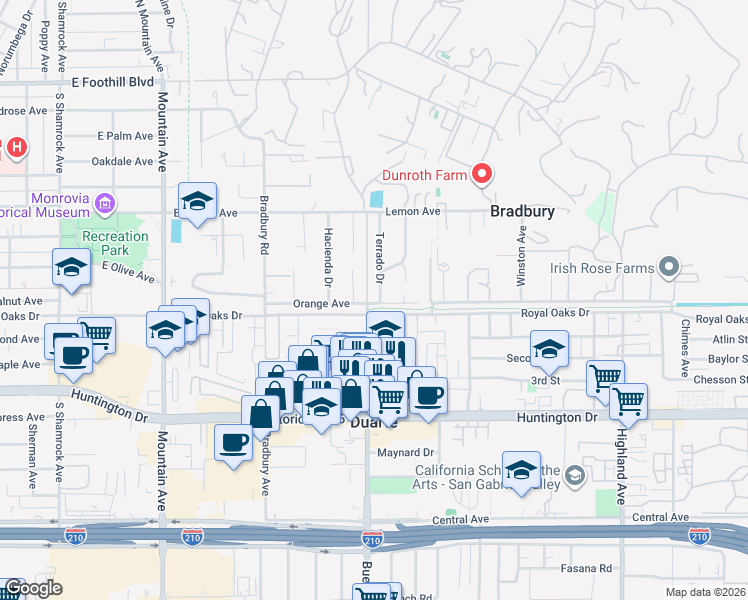 map of restaurants, bars, coffee shops, grocery stores, and more near 639 Terrado Drive in Monrovia