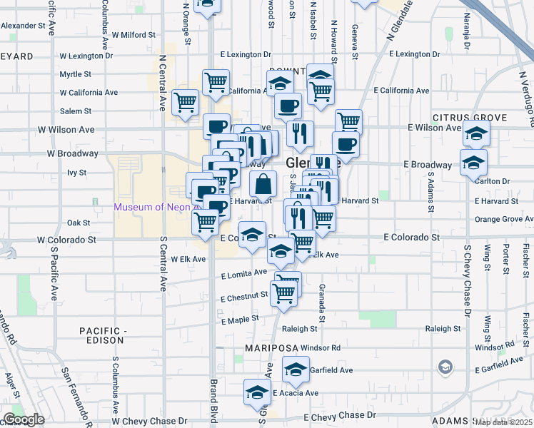 map of restaurants, bars, coffee shops, grocery stores, and more near 409 East Harvard Street in Glendale
