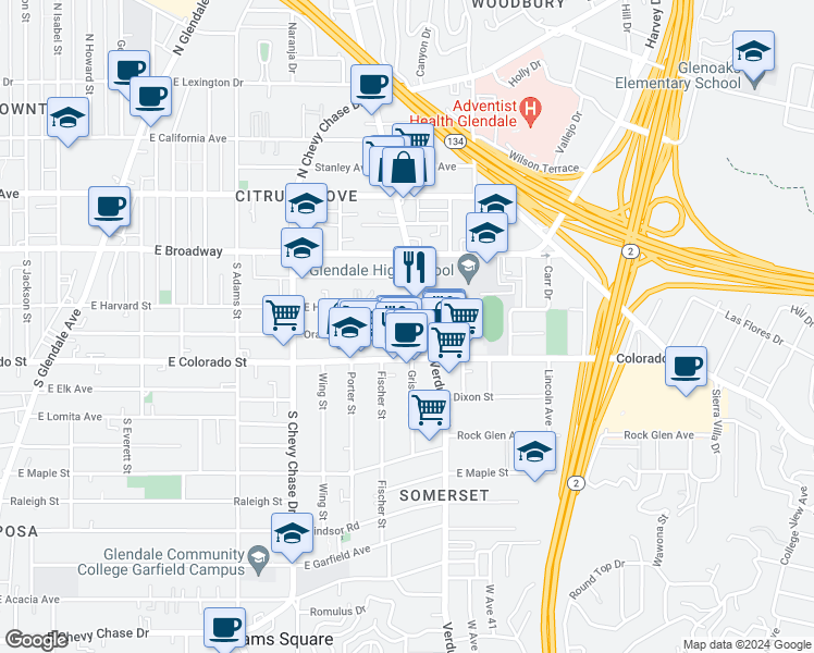 map of restaurants, bars, coffee shops, grocery stores, and more near 1357 Orange Grove Avenue in Glendale