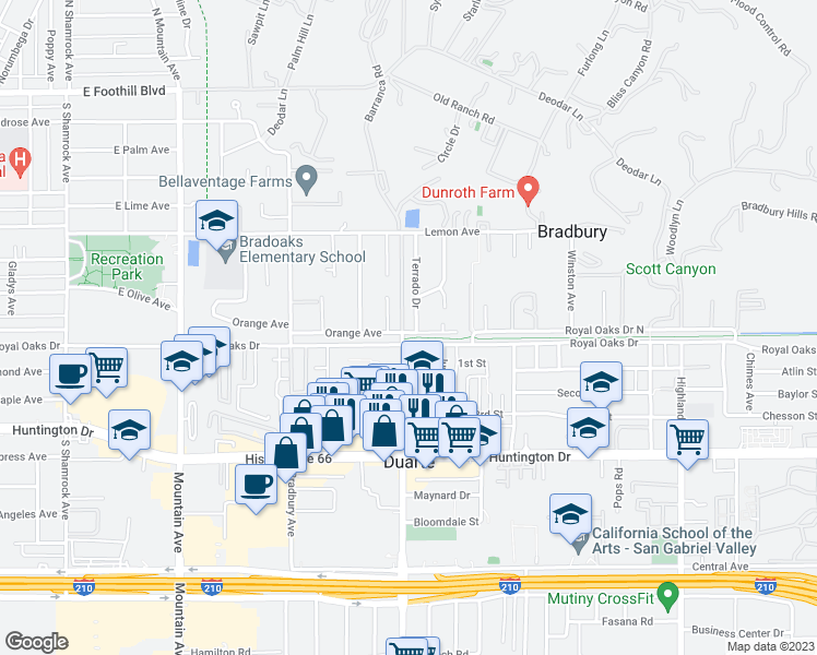 map of restaurants, bars, coffee shops, grocery stores, and more near 639 Terrado Drive in Monrovia
