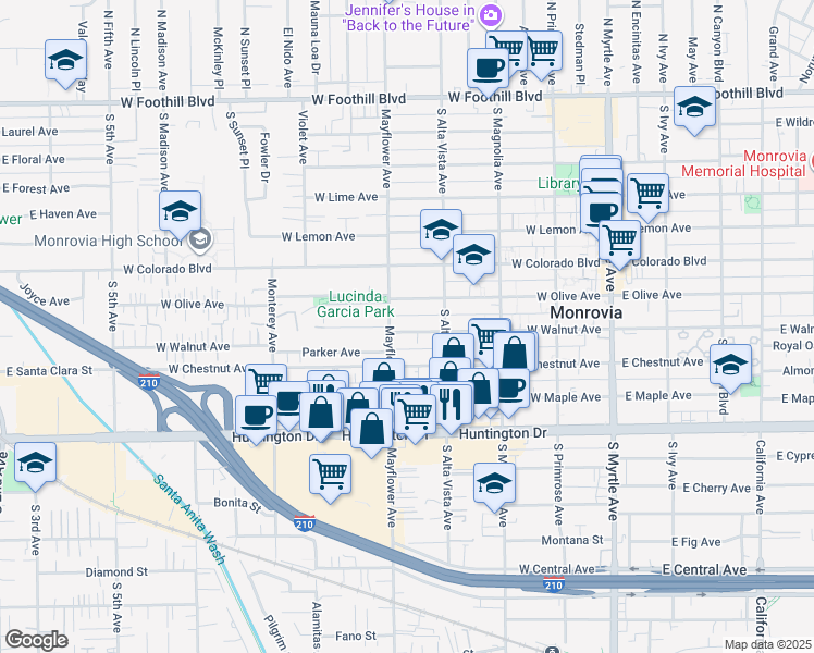map of restaurants, bars, coffee shops, grocery stores, and more near 435 West Walnut Avenue in Monrovia