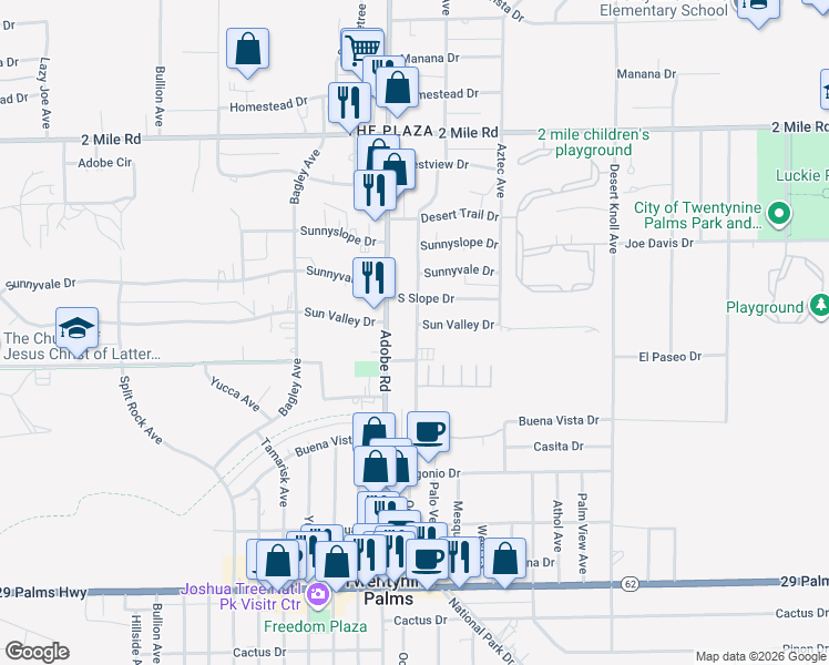 map of restaurants, bars, coffee shops, grocery stores, and more near 6052 Ocotillo Avenue in Twentynine Palms