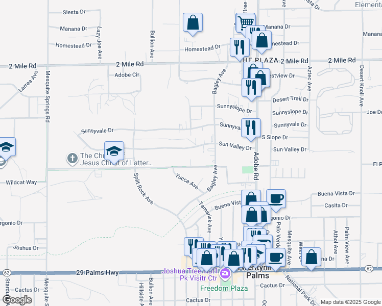 map of restaurants, bars, coffee shops, grocery stores, and more near 73480 Sun Valley Drive in Twentynine Palms