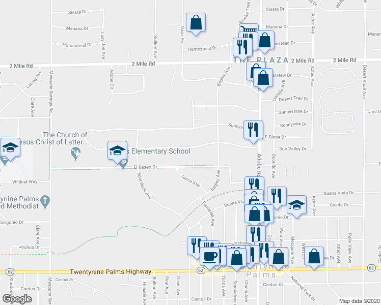 map of restaurants, bars, coffee shops, grocery stores, and more near 73480 Sun Valley Drive in Twentynine Palms