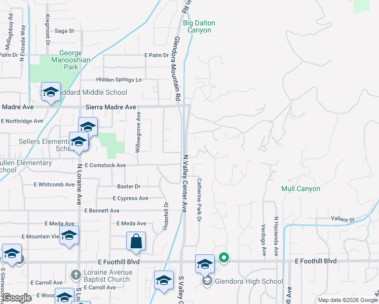 map of restaurants, bars, coffee shops, grocery stores, and more near 1620 Bluebird Road in Glendora