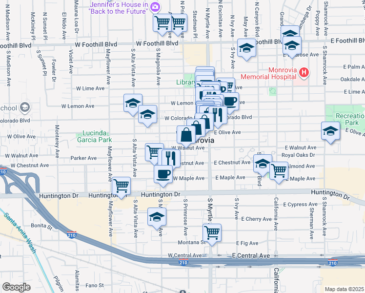 map of restaurants, bars, coffee shops, grocery stores, and more near 206 West Olive Avenue in Monrovia