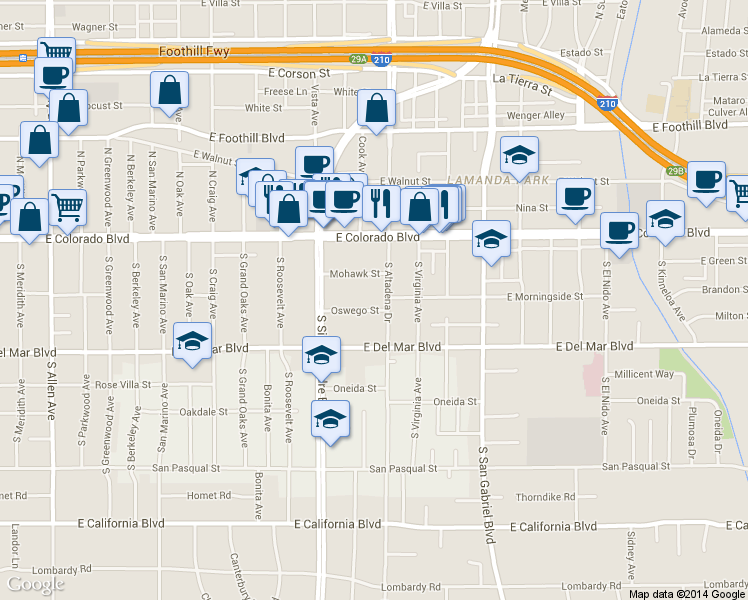 map of restaurants, bars, coffee shops, grocery stores, and more near 2468 Mohawk Street in Pasadena