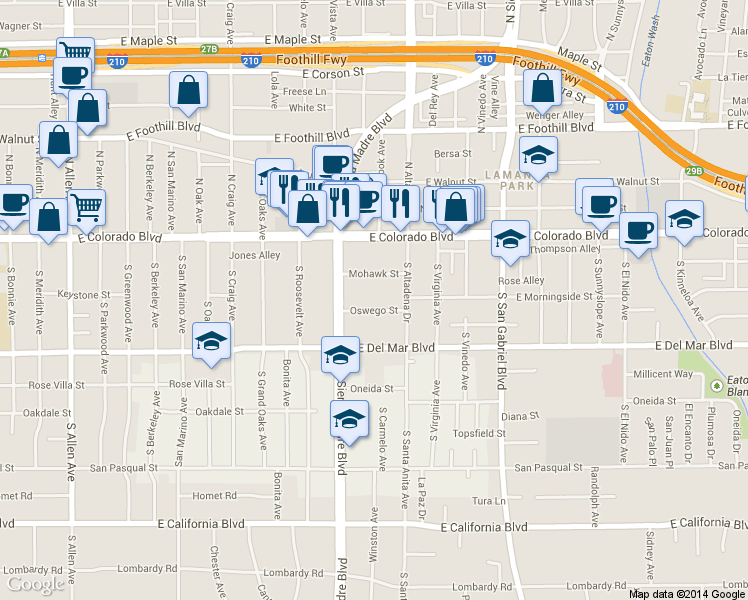 map of restaurants, bars, coffee shops, grocery stores, and more near 2468 Mohawk Street in Pasadena