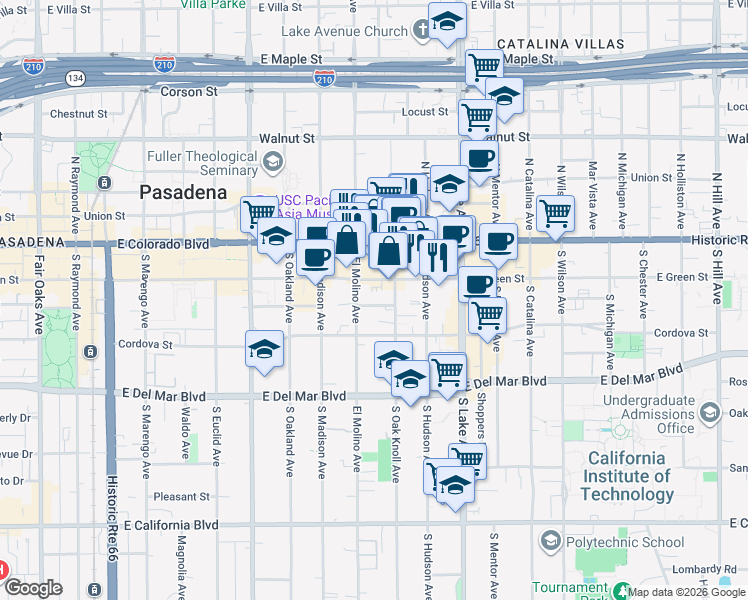 map of restaurants, bars, coffee shops, grocery stores, and more near 718 East Green Street in Pasadena