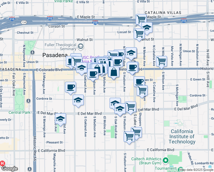 map of restaurants, bars, coffee shops, grocery stores, and more near 656 East Green Street in Pasadena