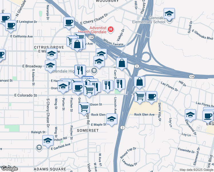 map of restaurants, bars, coffee shops, grocery stores, and more near 1500 East Harvard Street in Glendale