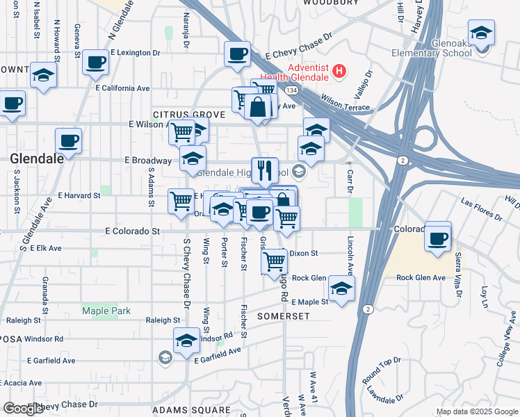 map of restaurants, bars, coffee shops, grocery stores, and more near 143 South Verdugo Road in Glendale