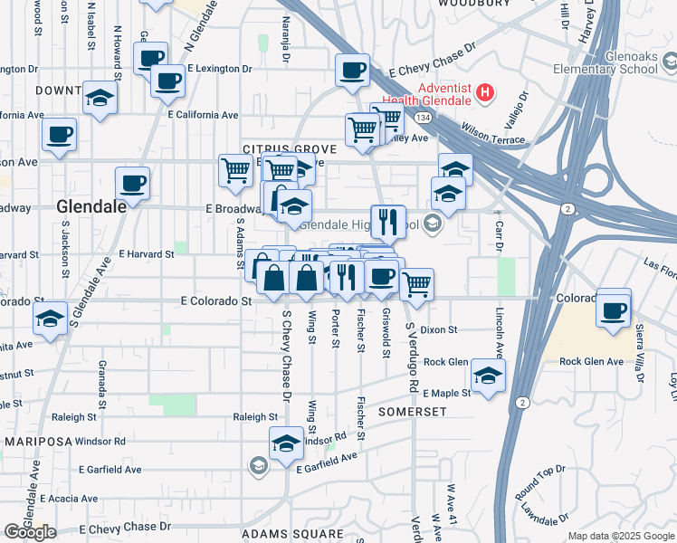 map of restaurants, bars, coffee shops, grocery stores, and more near 1305 East Harvard Street in Glendale