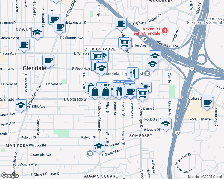 map of restaurants, bars, coffee shops, grocery stores, and more near 1305 East Harvard Street in Glendale